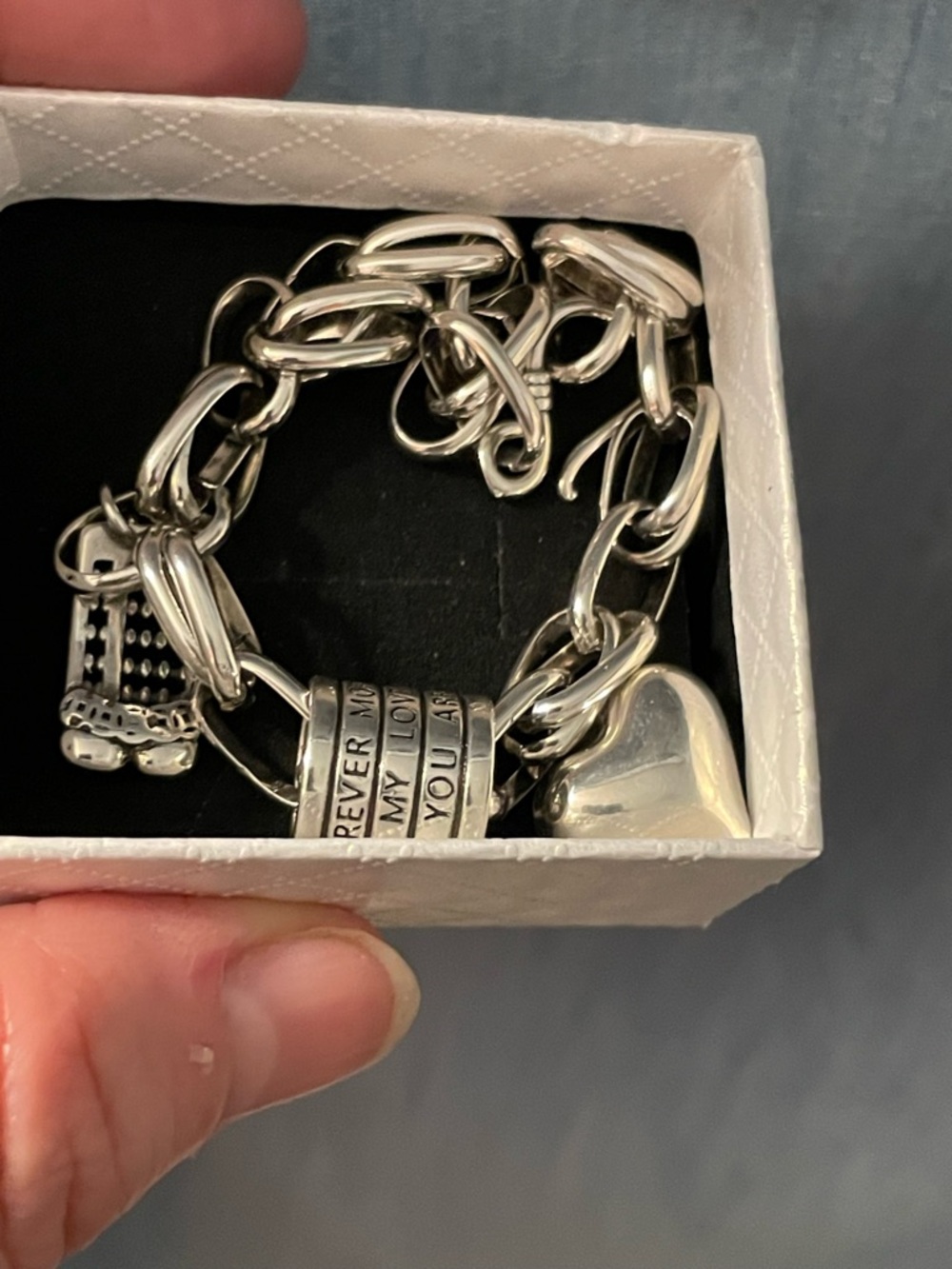 Chunky 925 stamped Sterling Charm Bracelet with Heart and Engraved Barrel